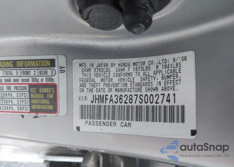 2007 Honda Civic Hybrid from USA, damaged, VIN JHMFA362875002741